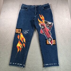 Vintage Versace Jean‎ Couture Mens 40x31 Blue Distressed Flames Made In Italy